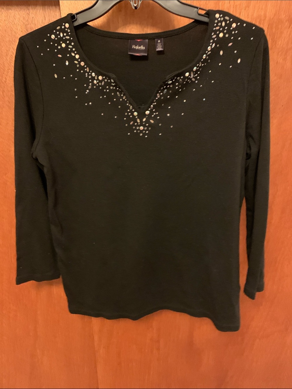 Rafaella Black Long Sleeve V-Notch Top with Rhinestone Detail